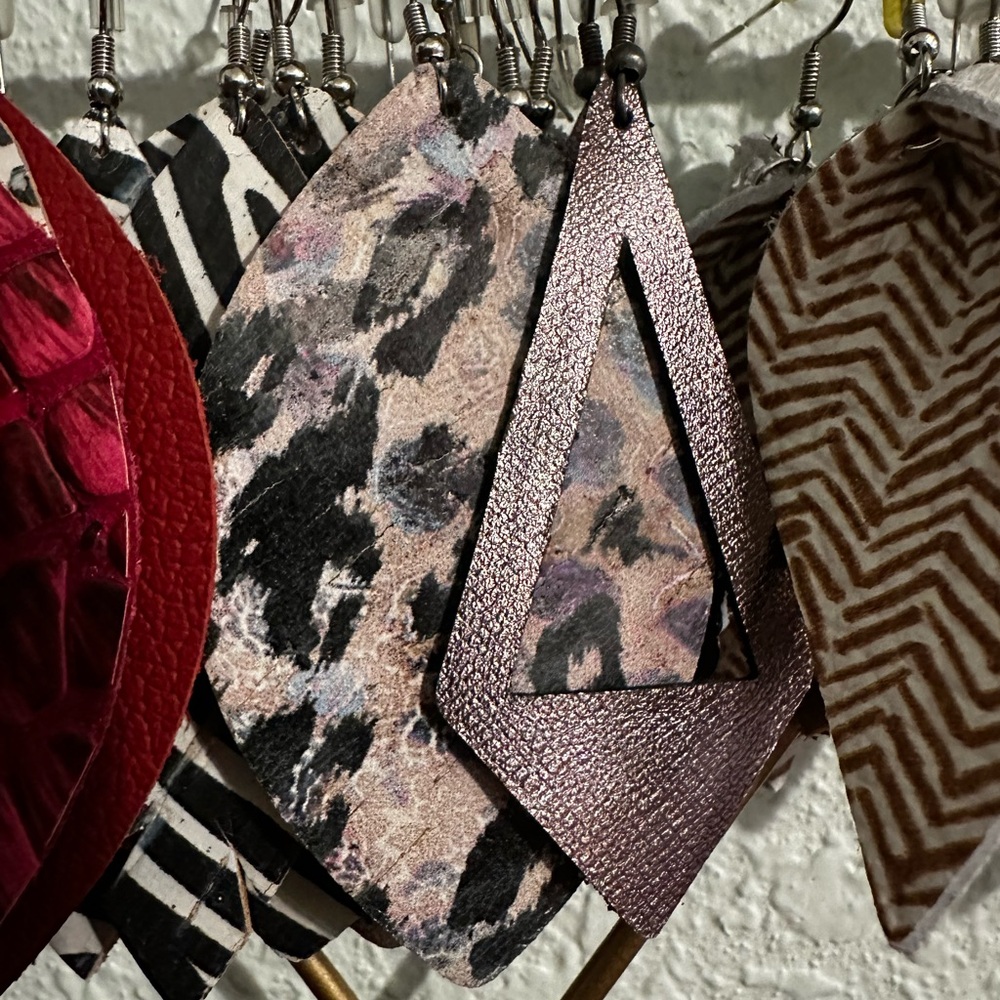 Purple, gray, black animal print leaf leather earrings or gunmetal abstract pair